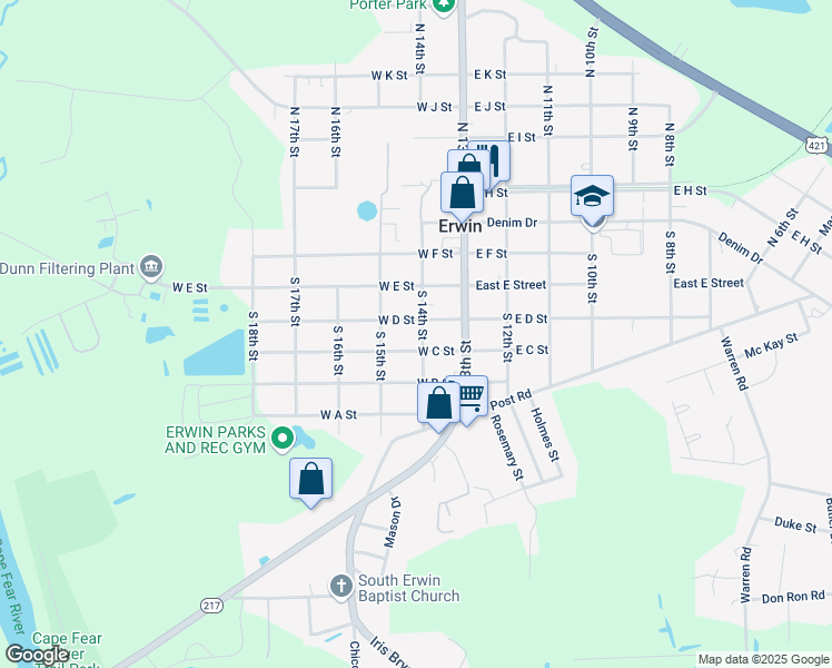 map of restaurants, bars, coffee shops, grocery stores, and more near 502 South 14th Street in Erwin