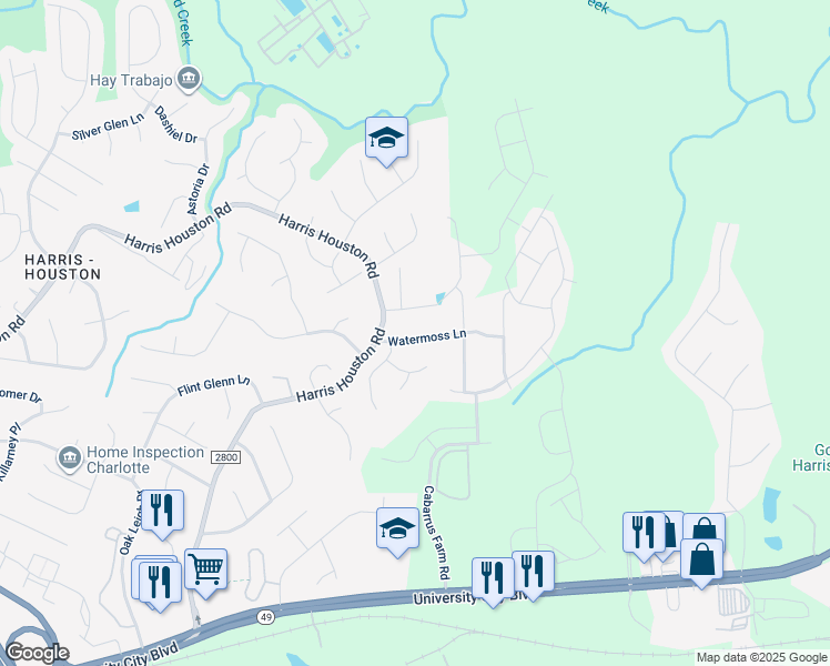 map of restaurants, bars, coffee shops, grocery stores, and more near 11527 Watermoss Lane in Charlotte