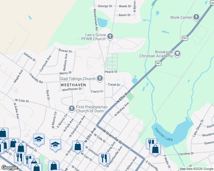 map of restaurants, bars, coffee shops, grocery stores, and more near 712 Fairground Road in Dunn