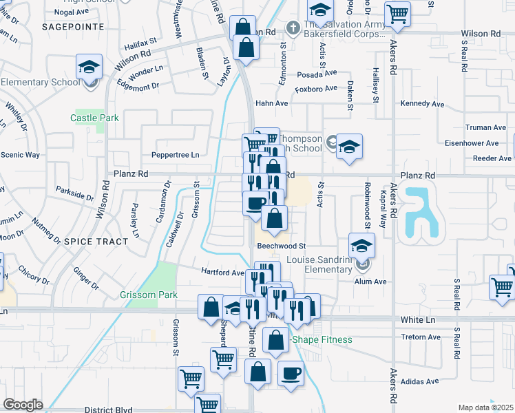 map of restaurants, bars, coffee shops, grocery stores, and more near 3450 Stine Road in Bakersfield