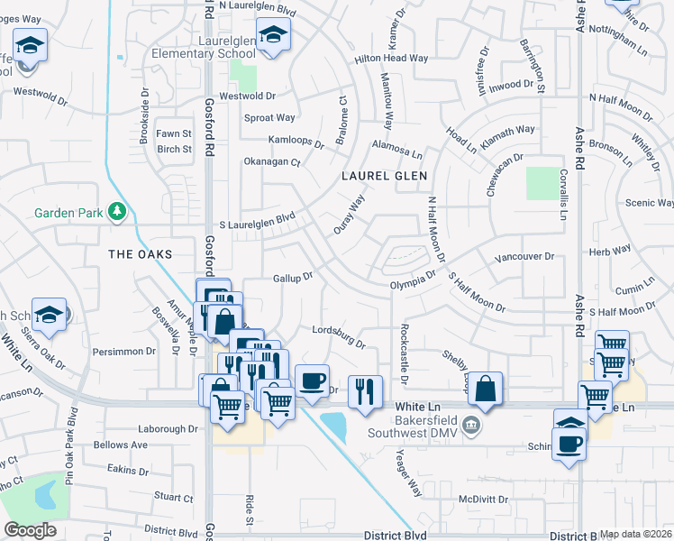 map of restaurants, bars, coffee shops, grocery stores, and more near 7509 Olympia Drive in Bakersfield