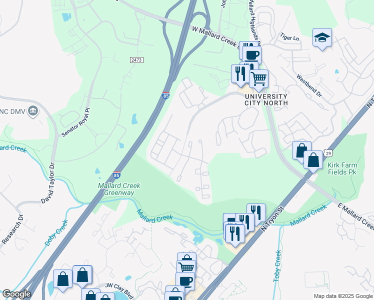 map of restaurants, bars, coffee shops, grocery stores, and more near 8619 Ashley Hill Court in Charlotte