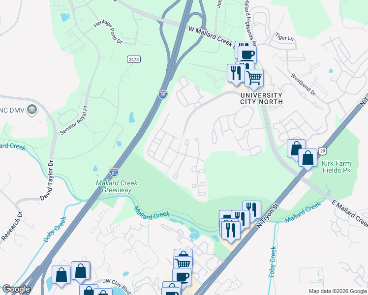 map of restaurants, bars, coffee shops, grocery stores, and more near 9740 Ashley Lake Court in Charlotte