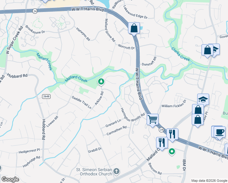 map of restaurants, bars, coffee shops, grocery stores, and more near 7803 Harrington Woods Road in Charlotte
