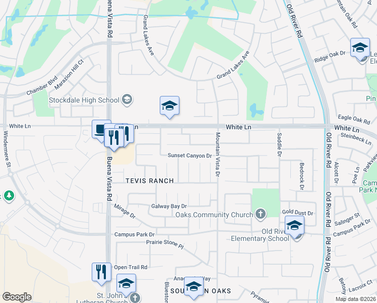 map of restaurants, bars, coffee shops, grocery stores, and more near 10700 Sunset Canyon Drive in Bakersfield