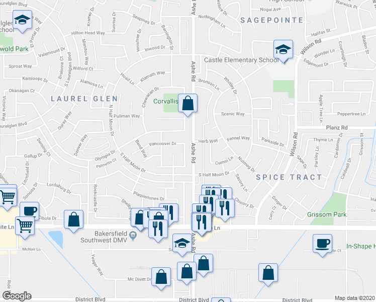 map of restaurants, bars, coffee shops, grocery stores, and more near 3412 Waldport Lane in Bakersfield