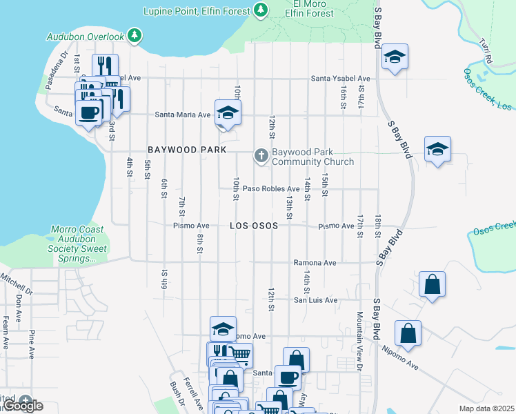 map of restaurants, bars, coffee shops, grocery stores, and more near 1550 11th Street in Baywood-Los Osos