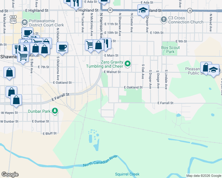 map of restaurants, bars, coffee shops, grocery stores, and more near 1003 East Oakland Street in Shawnee