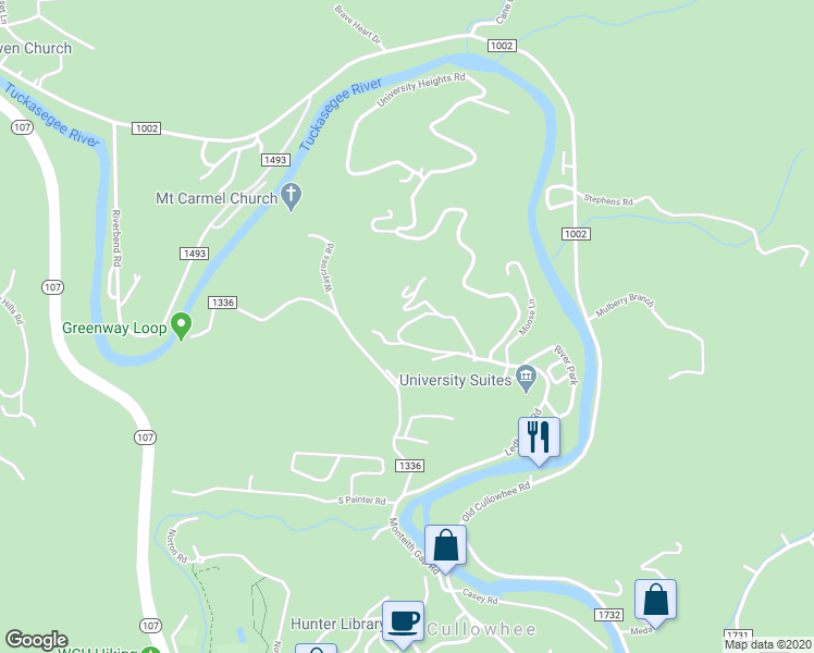 map of restaurants, bars, coffee shops, grocery stores, and more near 79 Oneida Road in Cullowhee