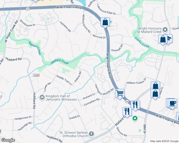 map of restaurants, bars, coffee shops, grocery stores, and more near 7731 Harrington Woods Road in Charlotte