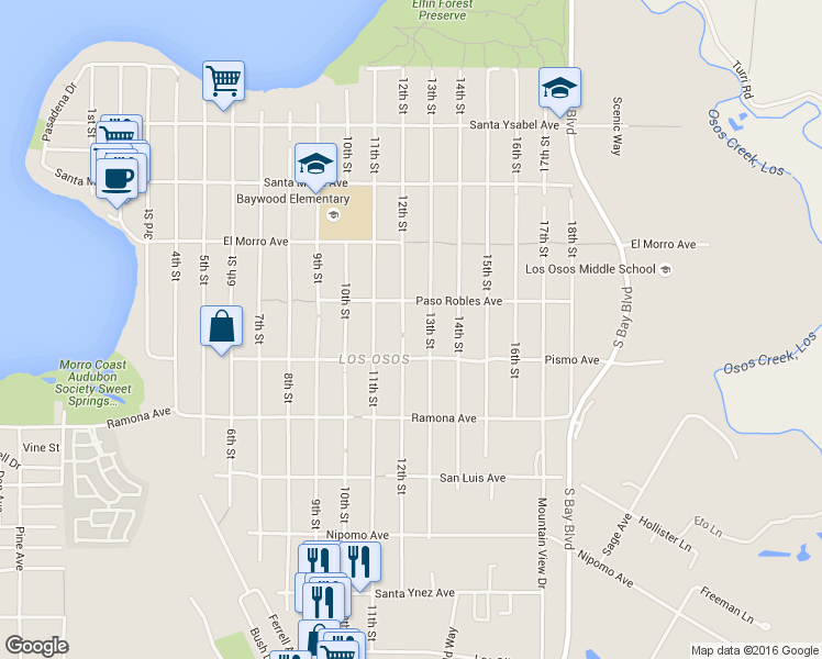 map of restaurants, bars, coffee shops, grocery stores, and more near 1550 12th St in Baywood-Los Osos