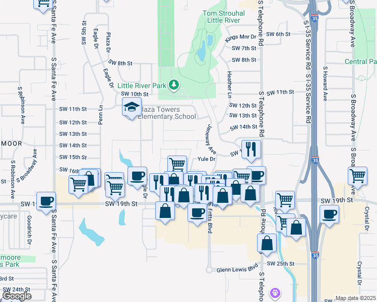 map of restaurants, bars, coffee shops, grocery stores, and more near 1716 Southwest 17th Street in Moore