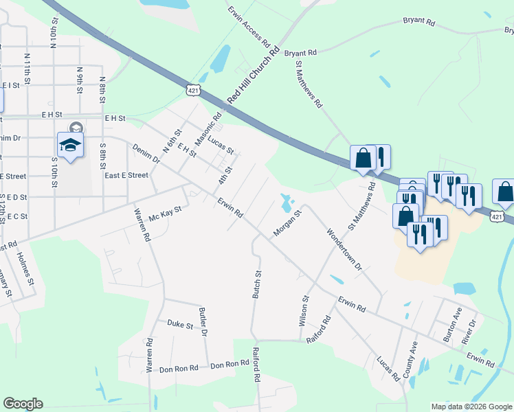 map of restaurants, bars, coffee shops, grocery stores, and more near 105 2nd St in Erwin