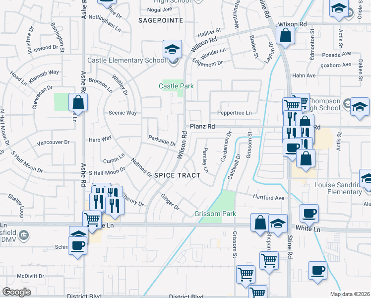 map of restaurants, bars, coffee shops, grocery stores, and more near 6312 Wilson Road in Bakersfield