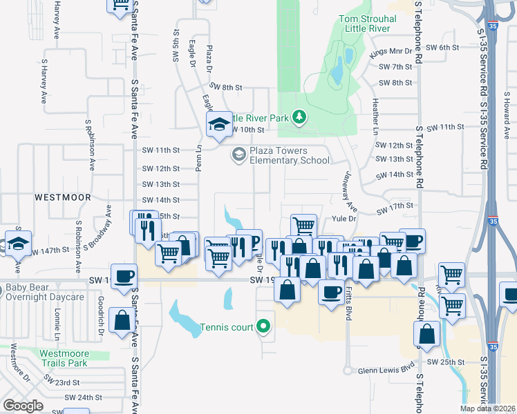 map of restaurants, bars, coffee shops, grocery stores, and more near 1412 Eagle Drive in Moore