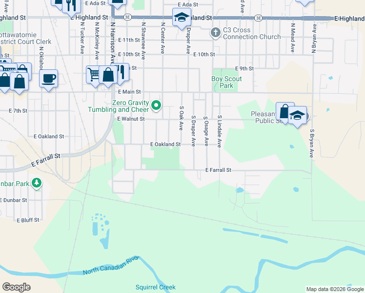 map of restaurants, bars, coffee shops, grocery stores, and more near 1203 East Oakland Street in Shawnee