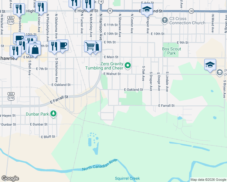 map of restaurants, bars, coffee shops, grocery stores, and more near 1003 East Oakland Street in Shawnee