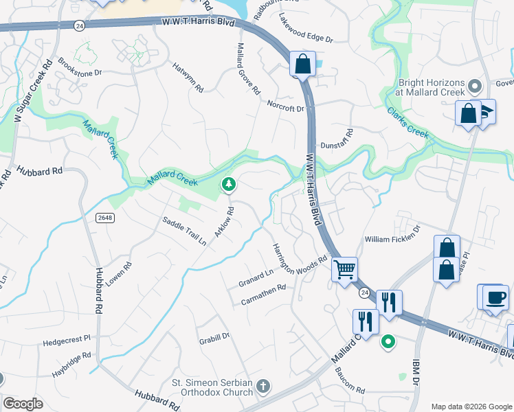 map of restaurants, bars, coffee shops, grocery stores, and more near 7731 Harrington Woods Road in Charlotte