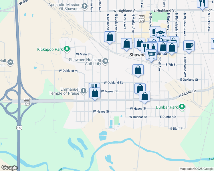 map of restaurants, bars, coffee shops, grocery stores, and more near 406 South Kickapoo Street in Shawnee