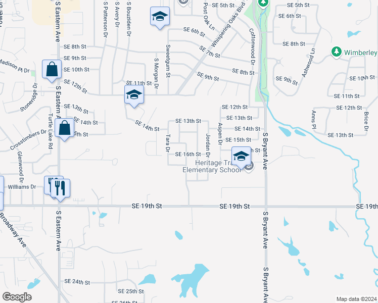 map of restaurants, bars, coffee shops, grocery stores, and more near 1612 Meadow Run Drive in Moore
