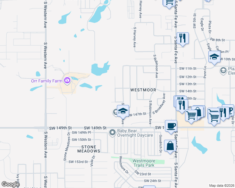 map of restaurants, bars, coffee shops, grocery stores, and more near 14513 South Hudson Avenue in Oklahoma City
