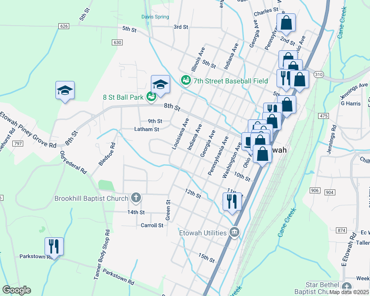 map of restaurants, bars, coffee shops, grocery stores, and more near 922 Indiana Ave in Etowah