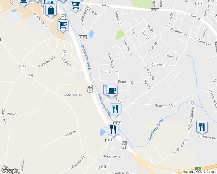 map of restaurants, bars, coffee shops, grocery stores, and more near 213 Westhaven Street in Forest City