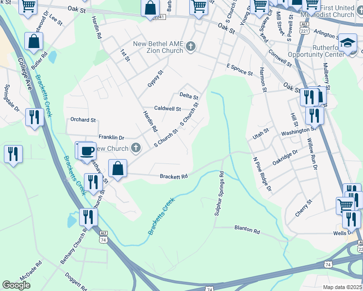 map of restaurants, bars, coffee shops, grocery stores, and more near 144 Springfield Drive in Forest City