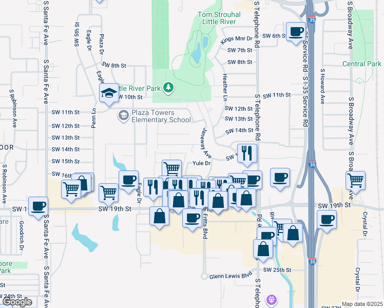 map of restaurants, bars, coffee shops, grocery stores, and more near 1716 Southwest 17th Street in Moore