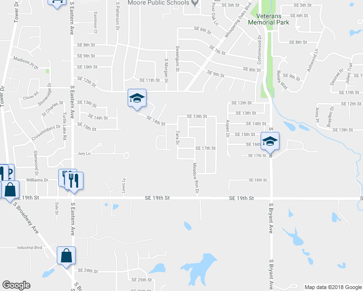 map of restaurants, bars, coffee shops, grocery stores, and more near 1405 Southeast 16th Street in Moore