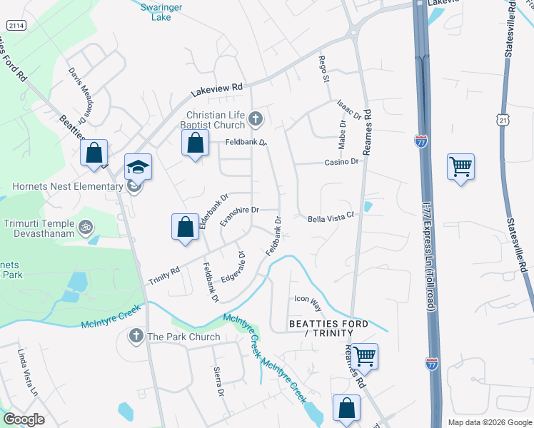 map of restaurants, bars, coffee shops, grocery stores, and more near 5518 Evanshire Drive in Charlotte