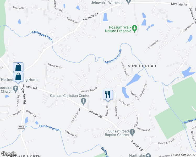 map of restaurants, bars, coffee shops, grocery stores, and more near Waters Trail Dr & Forest Cross Dr in Charlotte