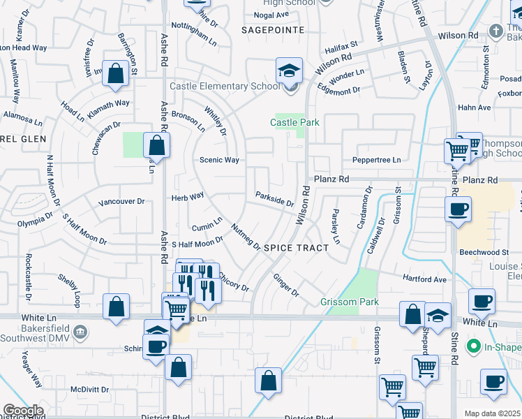 map of restaurants, bars, coffee shops, grocery stores, and more near 5721 Sage Drive in Bakersfield