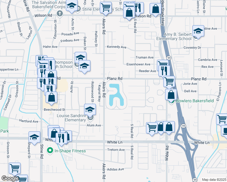 map of restaurants, bars, coffee shops, grocery stores, and more near 4149 Pinewood Lake Drive in Bakersfield