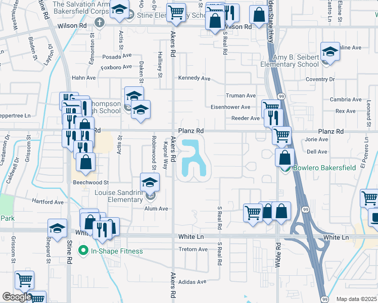 map of restaurants, bars, coffee shops, grocery stores, and more near Pinewood Lake Drive in Bakersfield