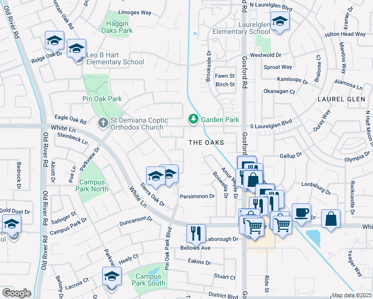 map of restaurants, bars, coffee shops, grocery stores, and more near 3500 Woodstead Street in Bakersfield