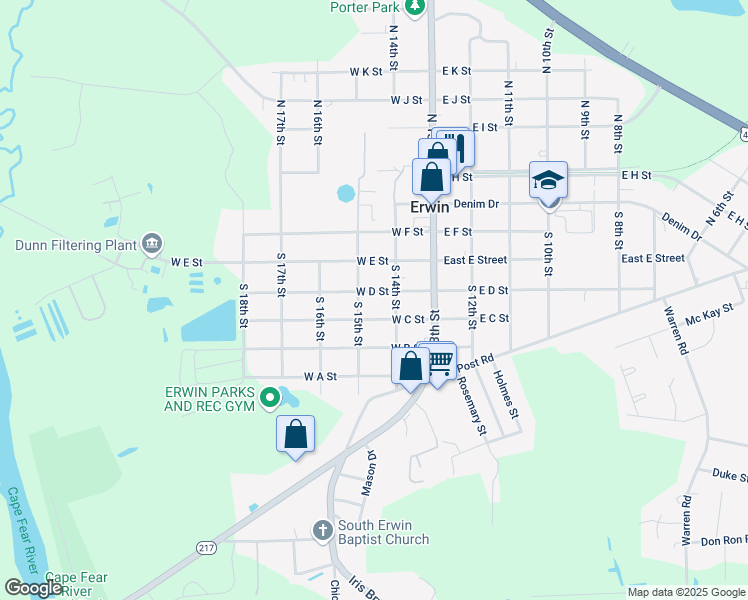 map of restaurants, bars, coffee shops, grocery stores, and more near 502 South 14th Street in Erwin