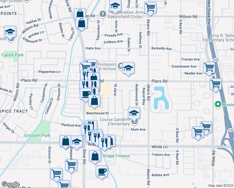 map of restaurants, bars, coffee shops, grocery stores, and more near 3404 Actis St in Bakersfield