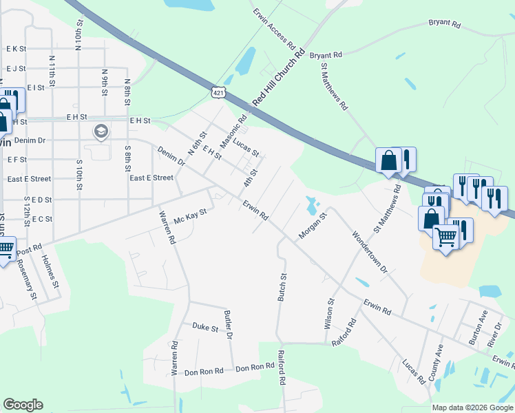 map of restaurants, bars, coffee shops, grocery stores, and more near 1202 Denim Drive in Erwin