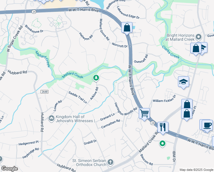 map of restaurants, bars, coffee shops, grocery stores, and more near 7731 Harrington Woods Road in Charlotte