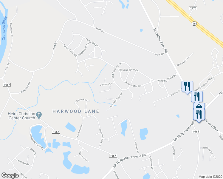 map of restaurants, bars, coffee shops, grocery stores, and more near 12215 Fullerton Court in Charlotte