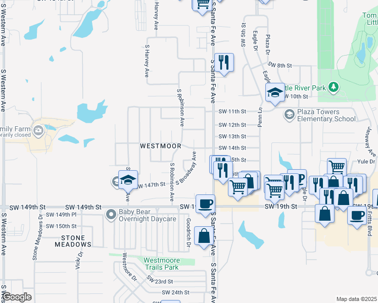 map of restaurants, bars, coffee shops, grocery stores, and more near 104 Southwest 144th Street in Oklahoma City