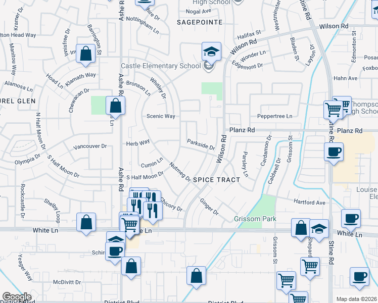 map of restaurants, bars, coffee shops, grocery stores, and more near 5721 Sage Drive in Bakersfield
