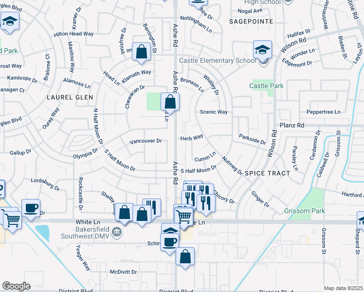 map of restaurants, bars, coffee shops, grocery stores, and more near 3412 Waldport Lane in Bakersfield