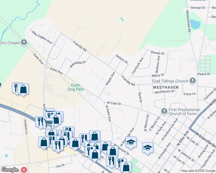 map of restaurants, bars, coffee shops, grocery stores, and more near 710 Maple Avenue in Dunn
