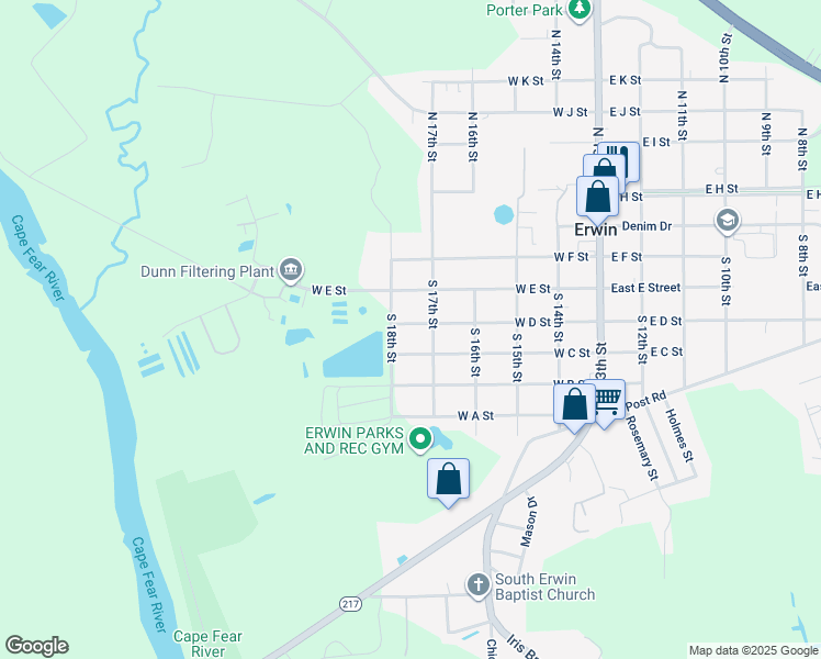 map of restaurants, bars, coffee shops, grocery stores, and more near 501 South 18th Street in Erwin