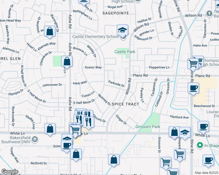 map of restaurants, bars, coffee shops, grocery stores, and more near 5721 Sage Drive in Bakersfield