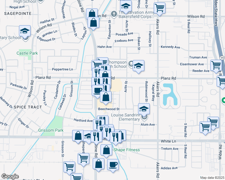 map of restaurants, bars, coffee shops, grocery stores, and more near 3400 Stine Road in Bakersfield