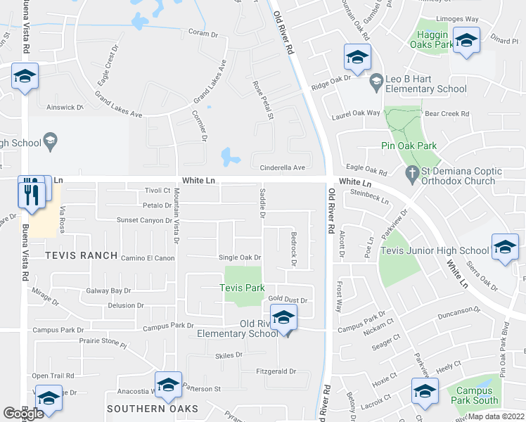 map of restaurants, bars, coffee shops, grocery stores, and more near Saddle Drive & Cimarron Trails Drive in Bakersfield