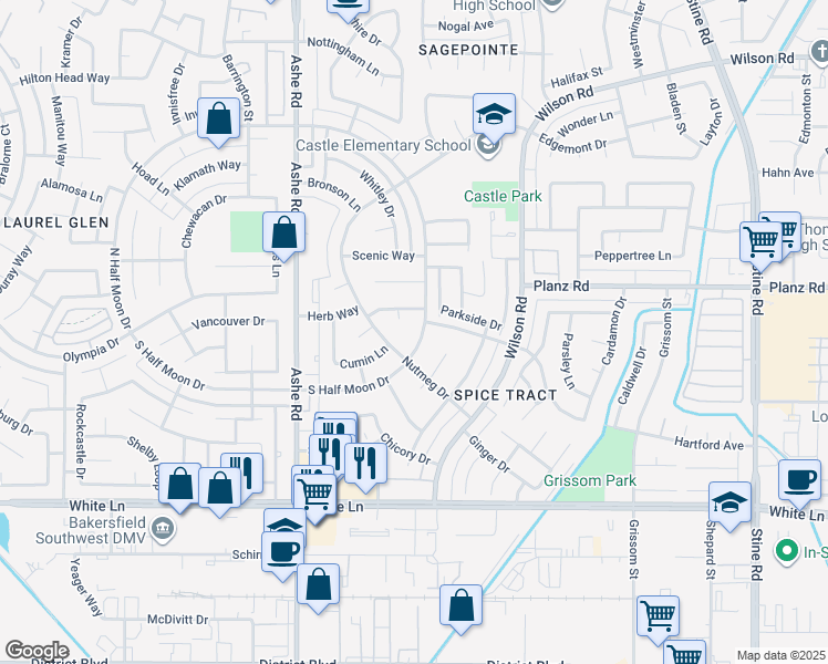 map of restaurants, bars, coffee shops, grocery stores, and more near 3409 South Half Moon Drive in Bakersfield